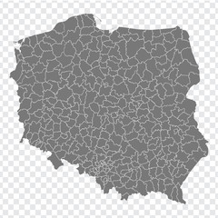 lank map Republic of Poland. Districts of Poland map. High detailed vector map Poland on transparent background for your web site design, logo, app, UI. EPS10. 