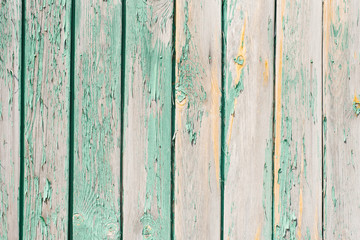Fototapeta na wymiar Old wooden plank background. Peeling, faded turquoise paint on the old boards. Copying space