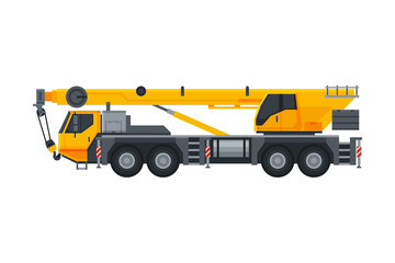 Construction Crane, Heavy Special Transport, Service Vehicle, Side View Flat Vector Illustration