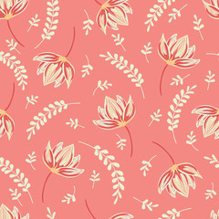 Vector seamless  pattern with  leaves and  flowers on scarlet background.  Floral illustration for textile, print, wallpapers, wrapping.