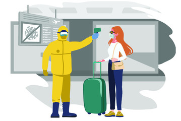 checking passenger health and spraying disinfectant at the airport; a masked passenger and an officer in a Hazmat suit are used for informational posters, infographics, etc.