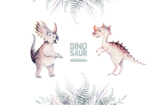 Cute cartoon baby dinosaurs collection watercolor illustration, hand painted dino isolated on a white background for nursery poster decoration. Rex children funny art