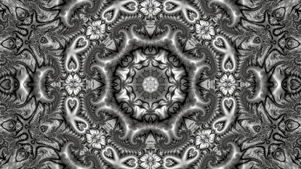 beautiful abstract image on a computer desktop made in black and white from a variety of fractal ornaments in neon light
