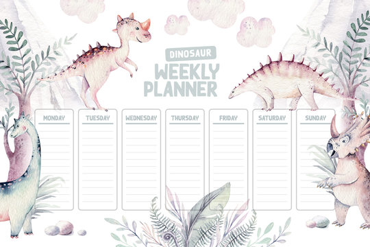 Cute Cartoon Baby Dinosaurs Planner Collection Watercolor Illustration, Hand Painted Dino Isolated On A White Background For Nursery Poster Decoration. Rex Children Funny Art