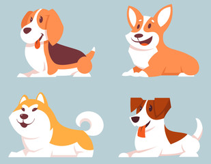 Set of lying dogs. Cute pets in cartoon style.