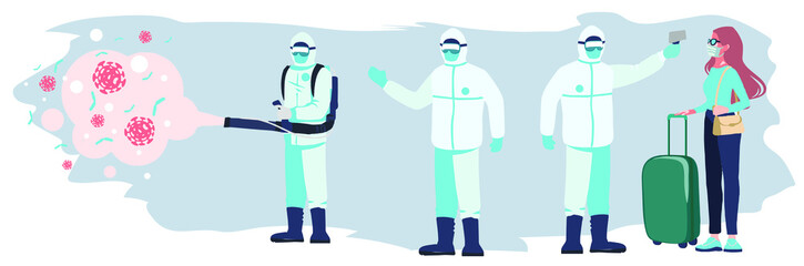 Passenger health check kit and spray disinfectant at the airport; masked passenger and officer in Hazmat suit are used for information posters, infographics, etc. Banner, web page, magazine illustrati