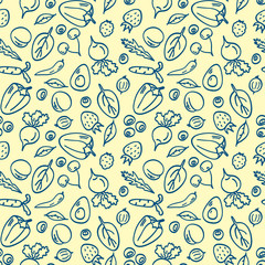 Healthy vegetarian food, seamless pattern. Drawings of vegetables, fruits, berries in doodle style. Design element for shops, fabric, textile, cafe, restaurant, packaging, websites