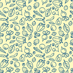 Healthy vegetarian food, seamless pattern. Drawings of vegetables, fruits, berries in doodle style. Design element for shops, fabric, textile, cafe, restaurant, packaging, websites