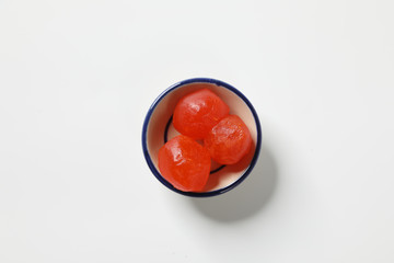 close up of salted egg yolk on white background.