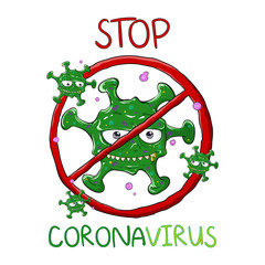 Coronavirus stop sign. Coronavirus is crossed out with red STOP sign. Vector illustration.