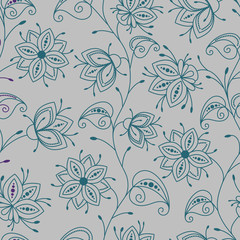 Seamless pattern. Decorative wildflowers. Floral green contour pattern on a gray background. Vector illustration