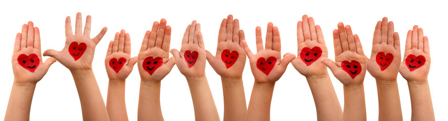 Many Children Hands Showing Red Heart Symbols And Smileys. Isolated White Background