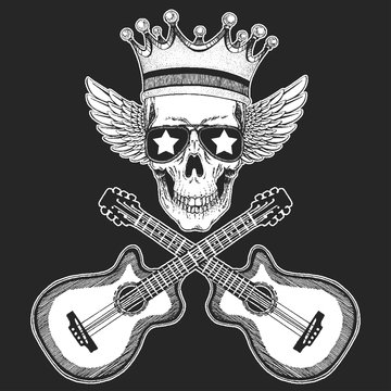 Rock music festival. Cool print with skull, guitars, wings, headphones for poster, banner, t-shirt.