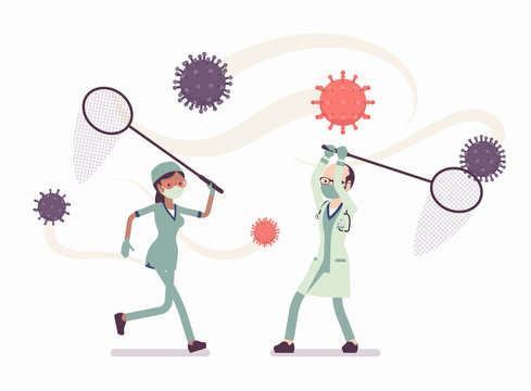 Doctors, health care workers catching virus with a butterfly net. Physicians, nurses, medical staff struggling to protect people and prevent spread of disease. Vector flat style cartoon illustration