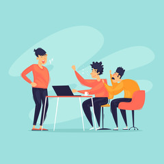 Teamwork, business, group of people discuss. Office work. Flat design vector illustration.	
