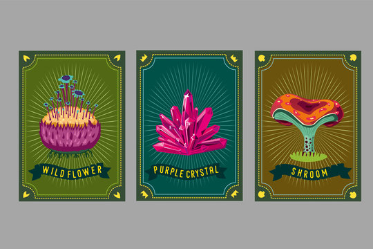Card game collection. Fantasy ui kit with magic items. User interface design elements with decorative frame. Cartoon vector illustration. Mushroom, crystal and plant.