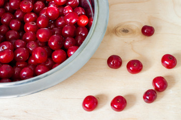 Red fresh cherries in metal bowl with wooden background