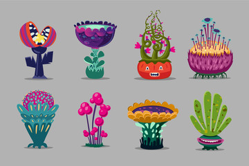 Fantasy plants collection. Ui kit with magic flowers. Environment design elements. Cartoon vector illustration.