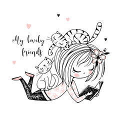 Cute girl reading a book in the company of small kittens. Vector