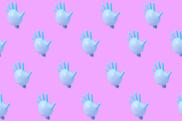 Pattern from blue latex glove as balloons on hot pink background.