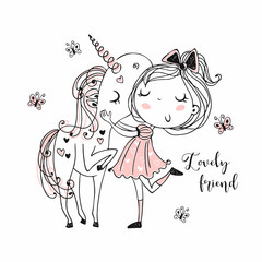 Sweet girl with a magical unicorn. Vector.