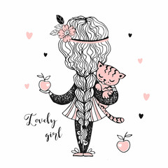 Cute girl with a long pigtail holding a kitten. Vector.