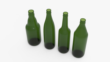 Green soda bottles. Beer bottles. Isolated on white. Clipping path. 3D Rendering.