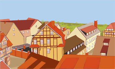 Illustration with different isometric houses. Collection of houses, buildings. Greens