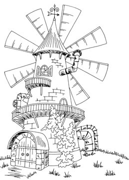 Fantasy mill building exterior graphic black white sketch illustration vector