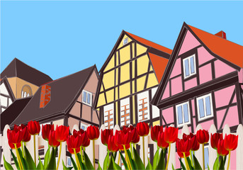 Illustration with different isometric houses. Collection of houses, buildings with the fence