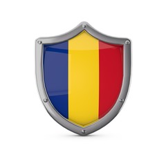 Fototapeta premium Romania security concept. Metal shield shape with national flag
