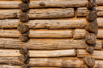 timbered wooden wall. close up detail image of house made of wood logs