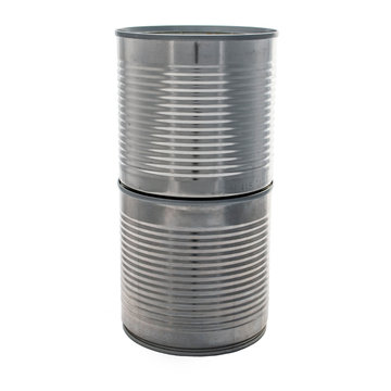 Used metal tin can. Close up open metal tin can isolated on white background. Image for the theme zero waste and separate garbage collection. Recycling.