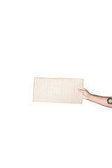 Asian men hand is holding cardboard in white background.The concept of protest, attention, request. Place for text or copy space.clipping path.