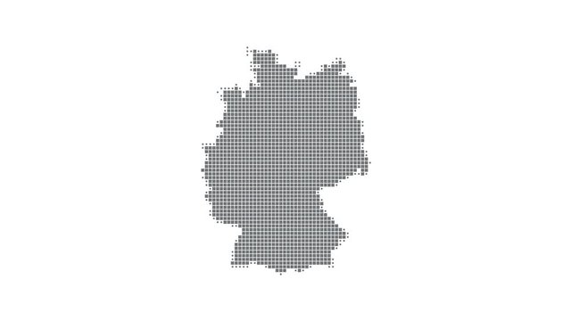 Dynamic motion animation of a pixel map of Germany. The appearance of Germany is animated in scale and opacity. 4K UHD clip video animation. Map with light medical concept for Covid-19