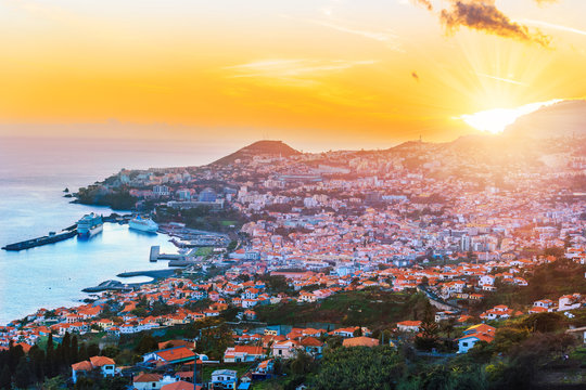 Beautiful sunset over Funchal capital in Madeira island in Portugal
