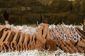 Shaped souvenir chocolate in the form of spanners, drills, axes and screwdrivers in the shop...