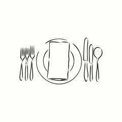 Vector hand drawn illustration with Table setting set. Sketch. Vintage illustration. table set, Cutlery vector sketch illustration