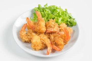 Deep fried shrimps on ceramic plate,white background.