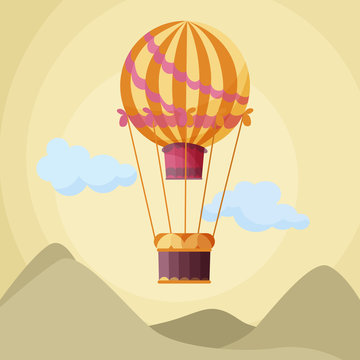 Amazing yellow balloon floating in the sky among clouds and mountains. Vector illustration of a colorful aerostat.
