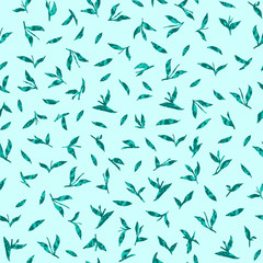 Fototapeta na wymiar Seamless pattern with small leaves on a blue background
