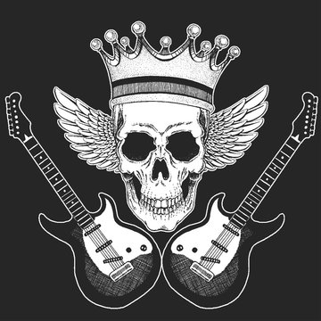Rock music festival. Cool print with skull, guitars, wings, headphones for poster, banner, t-shirt.
