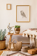 Stylish composition of living room interior with mock up frame, wooden bench, pillow, plaid, woman...