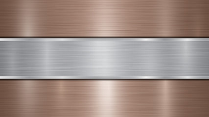 Background consisting of a bronze shiny metallic surface and one horizontal polished silver plate located centrally, with a metal texture, glares and burnished edges