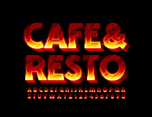 Vector logo Cafe & Resto with Flame Pattern. Burning 3D Font. Fire texture Alphabet Letters and Numbers