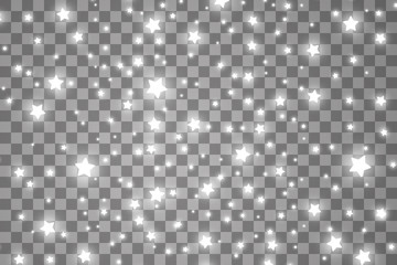The dust sparks and white stars shine with special light. Vector sparkles on a transparent background. Christmas light effect. Sparkling magical dust particles.