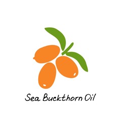Hand drawn sea buckthorn logo for print and web. Berry icon and raspberry inscription. Vector illustration.
