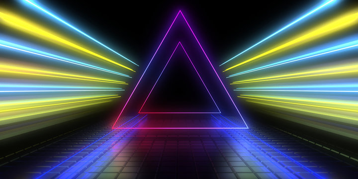 3D abstract background with neon lights. neon tunnel .space construction . 3d illustration © andrii