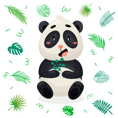 Cute cartoon panda with tropical leaves. Vector character illustration on white isolated background.