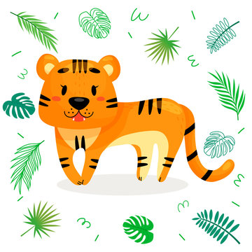 Cute cartoon tiger with tropical leaves. Vector character illustration on white isolated background.